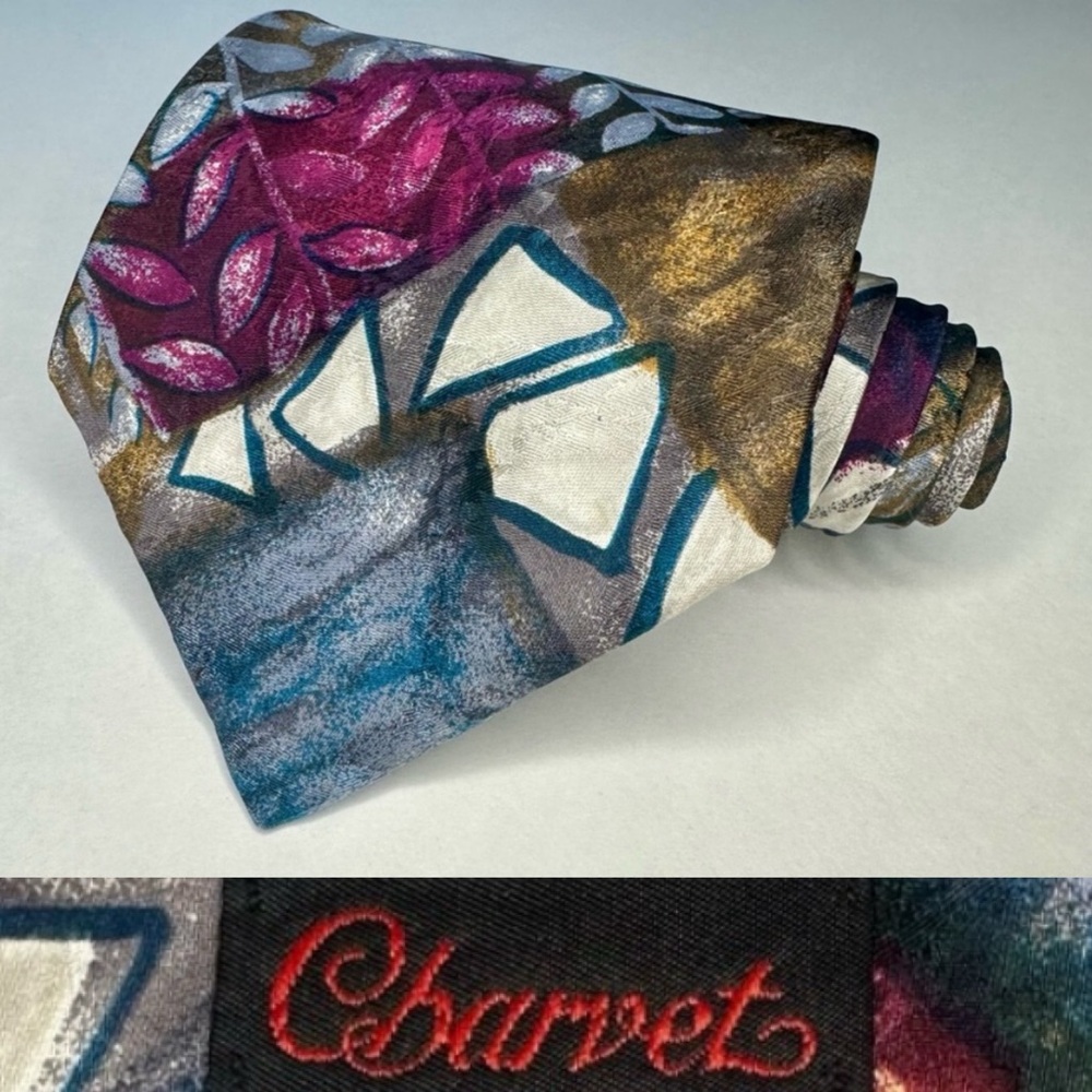 Vintage CHARVET Abstract Floral Jewel-Tone Classic Handmade Silk Tie, 4”